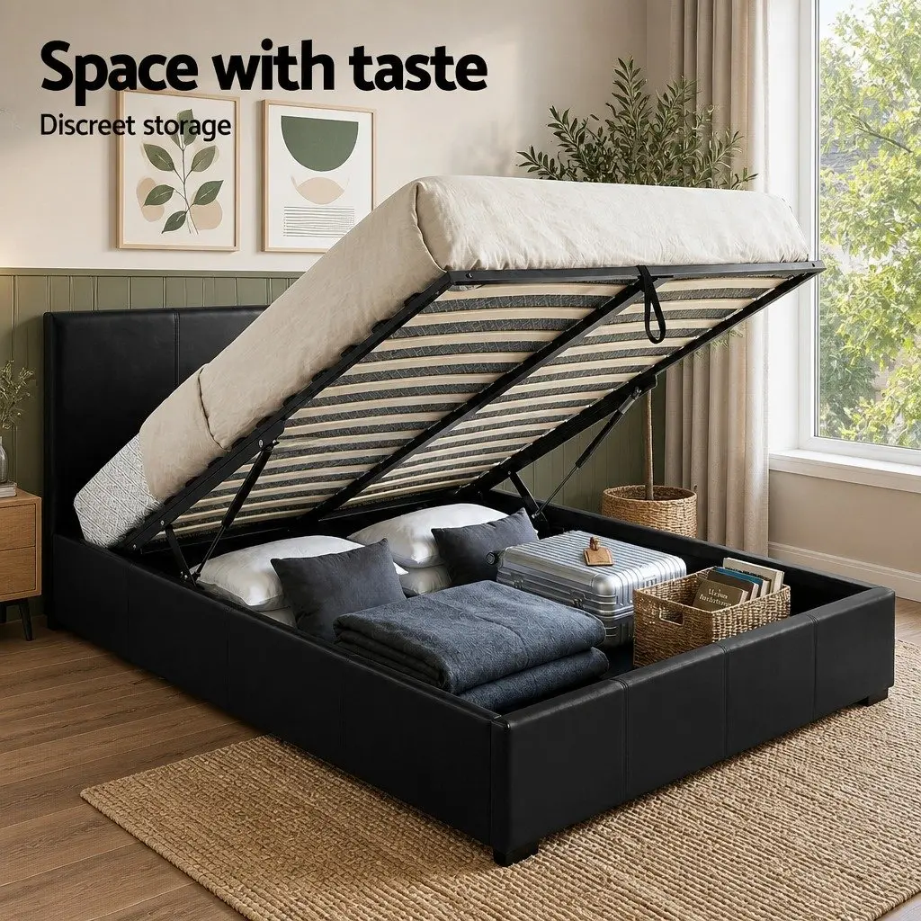 Queen Bed Frame Gas Lift Storage 2 Bedside Tables Black Bedroom Set