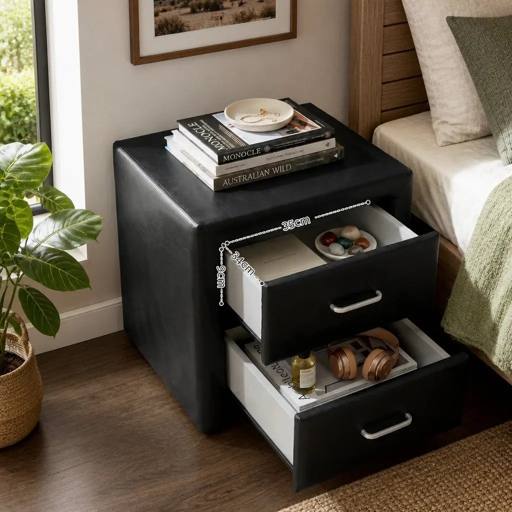 Queen Bed Frame Gas Lift Storage 2 Bedside Tables Black Bedroom Set