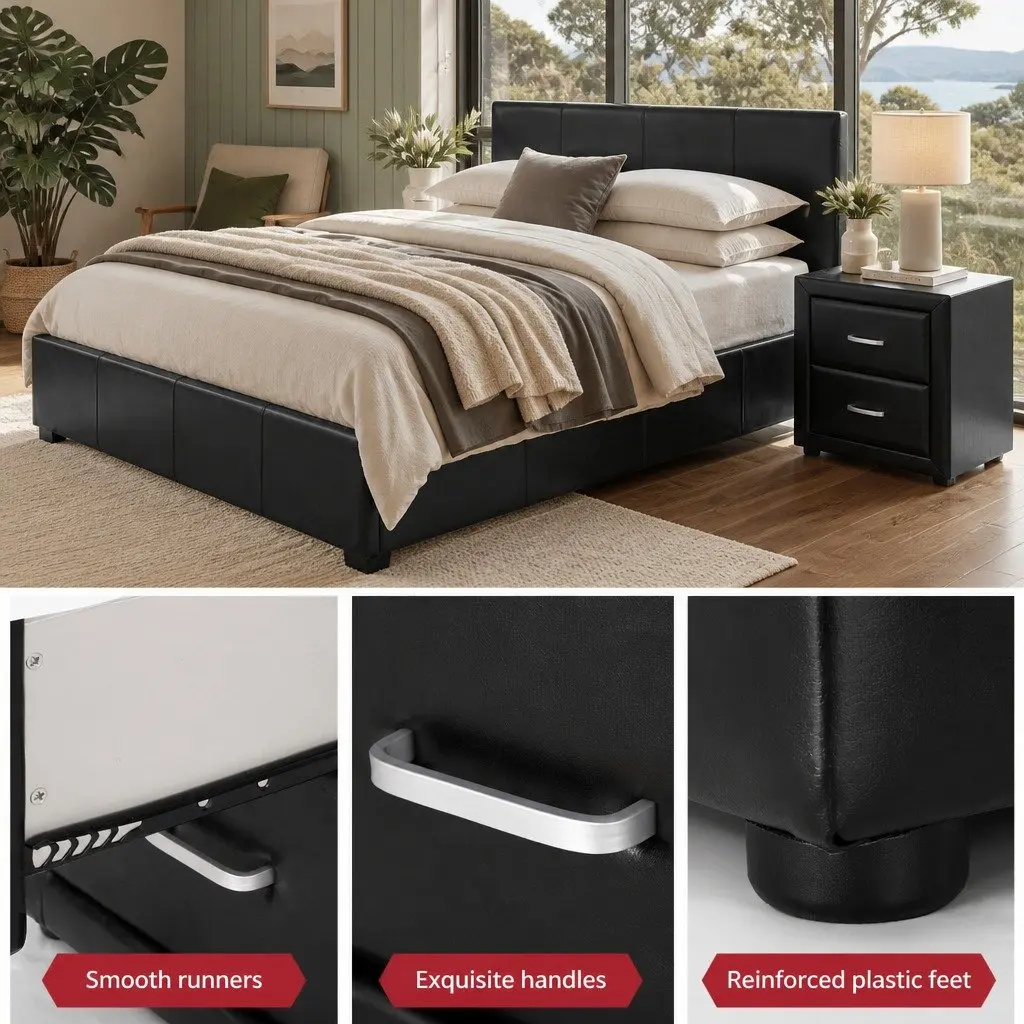 Queen Bed Frame Gas Lift Storage 2 Bedside Tables Black Bedroom Set
