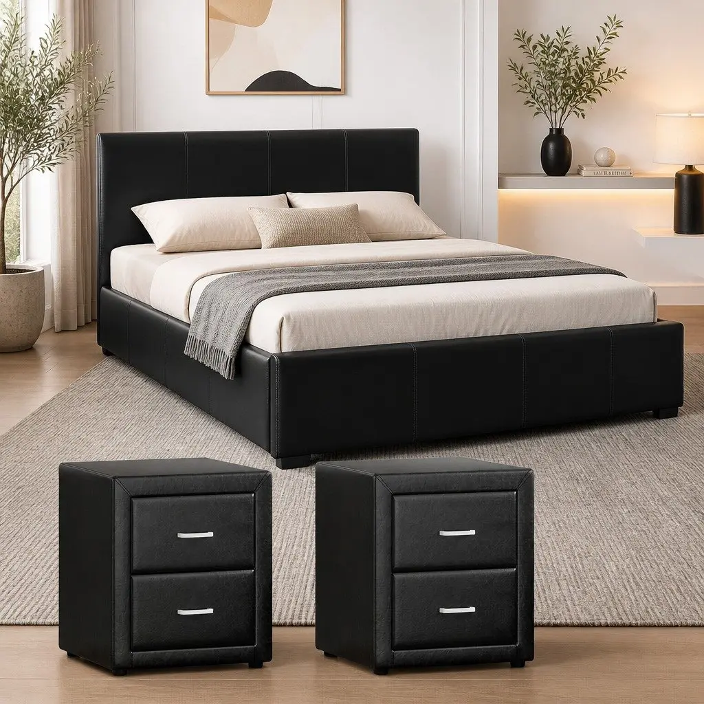 Queen Bed Frame Gas Lift Storage 2 Bedside Tables Black Bedroom Set