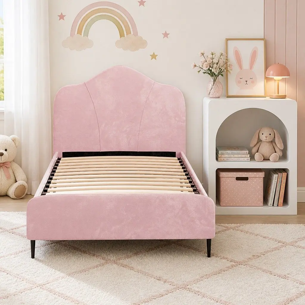 King Single Storage Bed Frame in Pink Velvet
