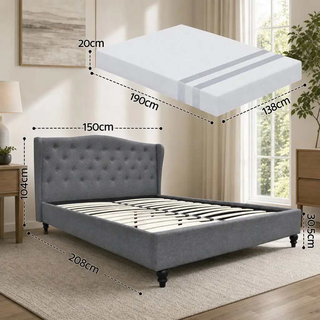 Double Bed Frame and Memory Foam Mattress Set Tufted Wing Headboard Grey Medium