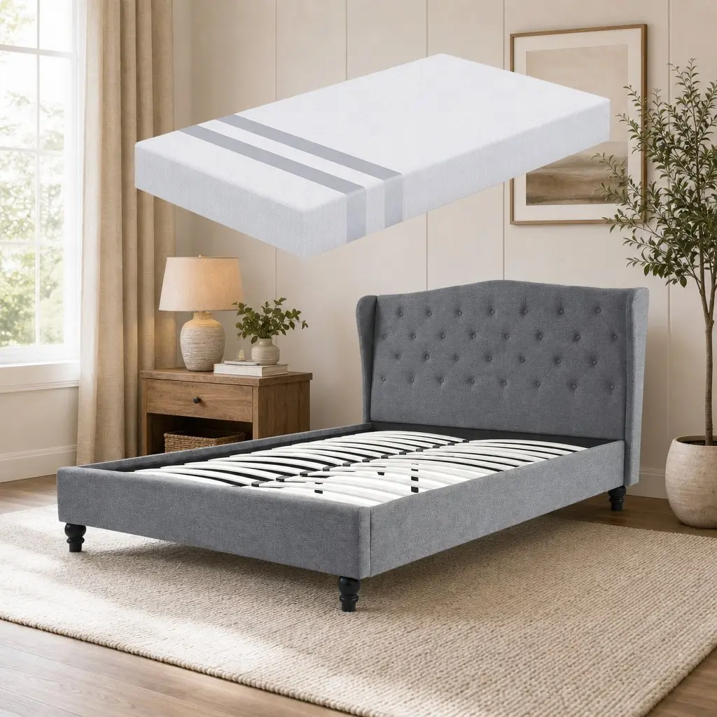 Double Bed Frame and Memory Foam Mattress Set Tufted Wing Headboard Grey Medium