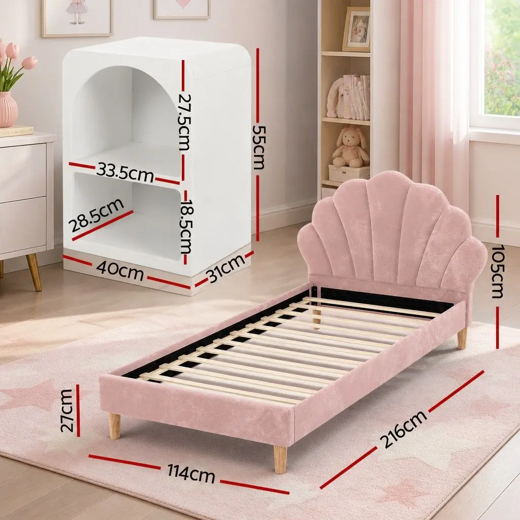 King Single Bed Frame with Scallop Headboard and Matching Bedside Table Storage