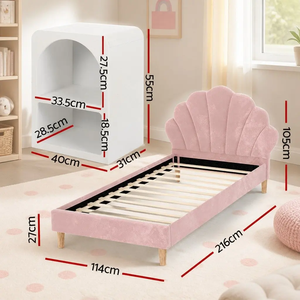 King Single Bed Frame Pink Velvet Scallop Headboard with 2 White Nightstands