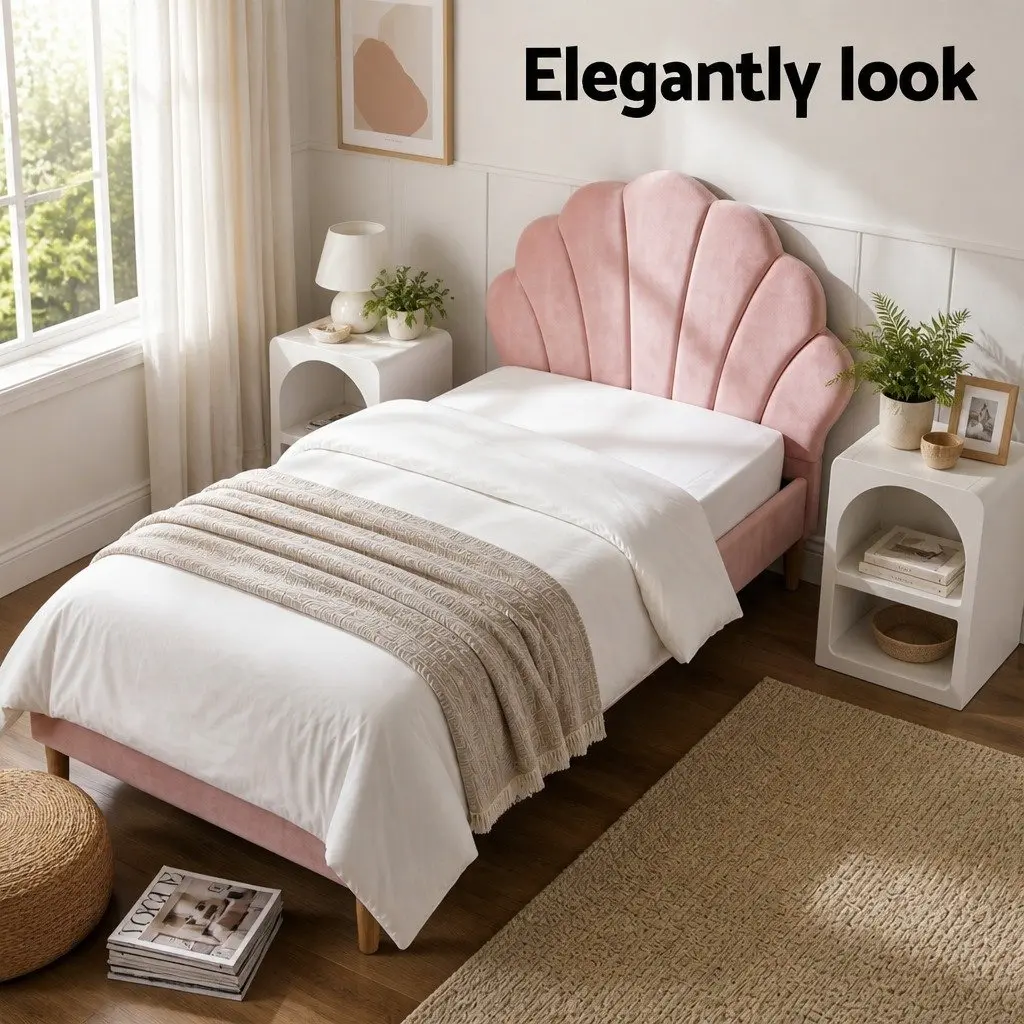 King Single Bed Frame Pink Velvet Scallop Headboard with 2 White Nightstands