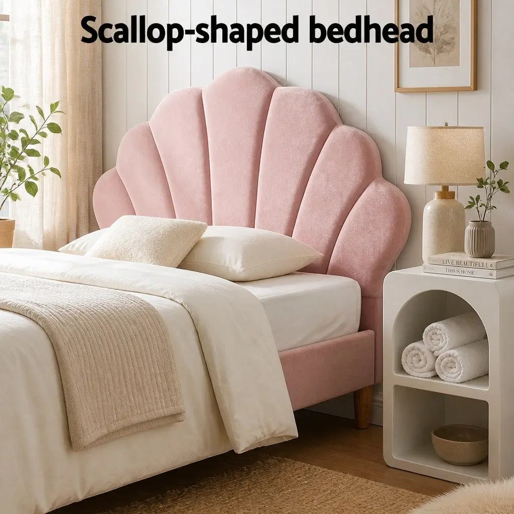 King Single Bed Frame Pink Velvet Scallop Headboard with 2 White Nightstands
