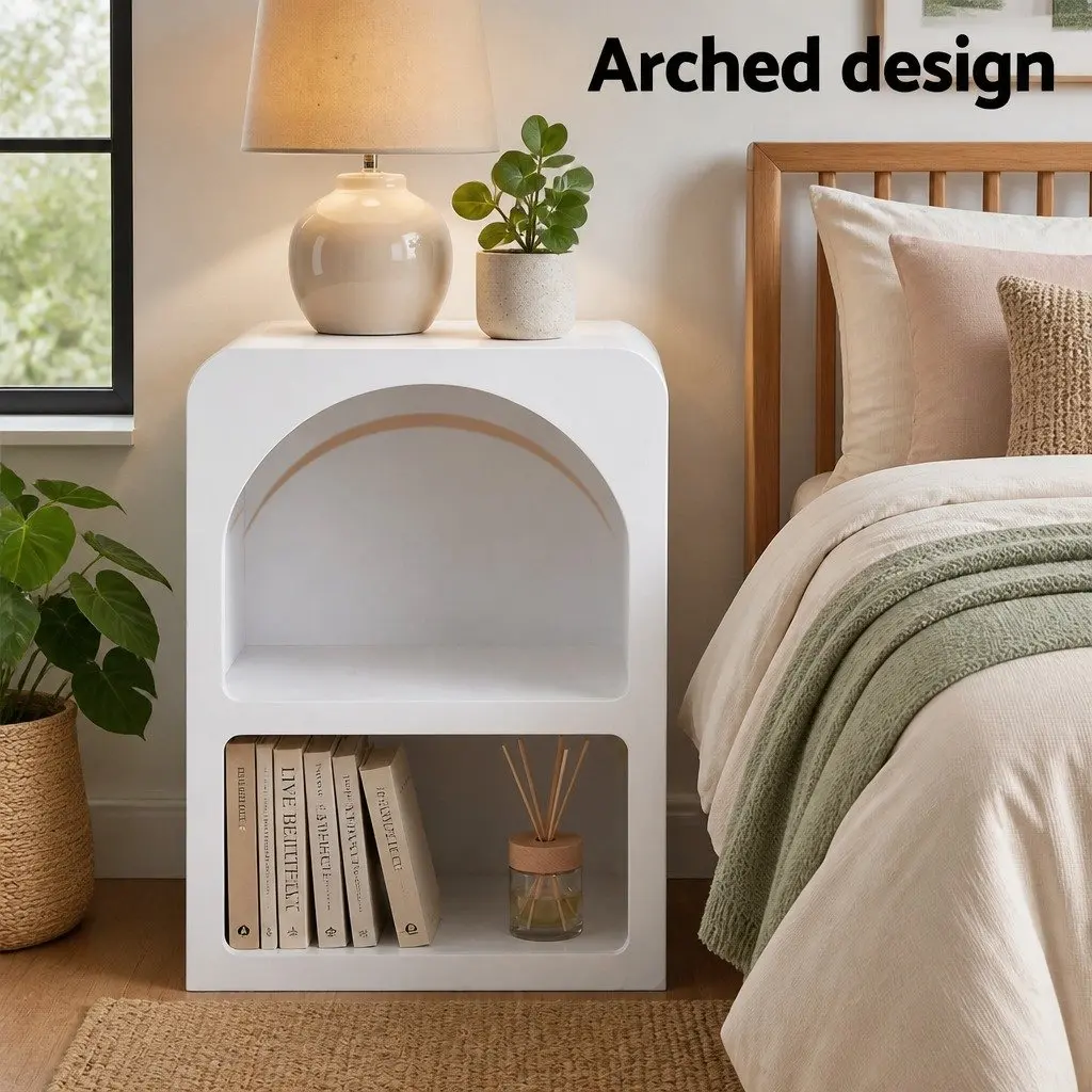 King Single Bed Frame Pink Velvet Scallop Headboard with 2 White Nightstands