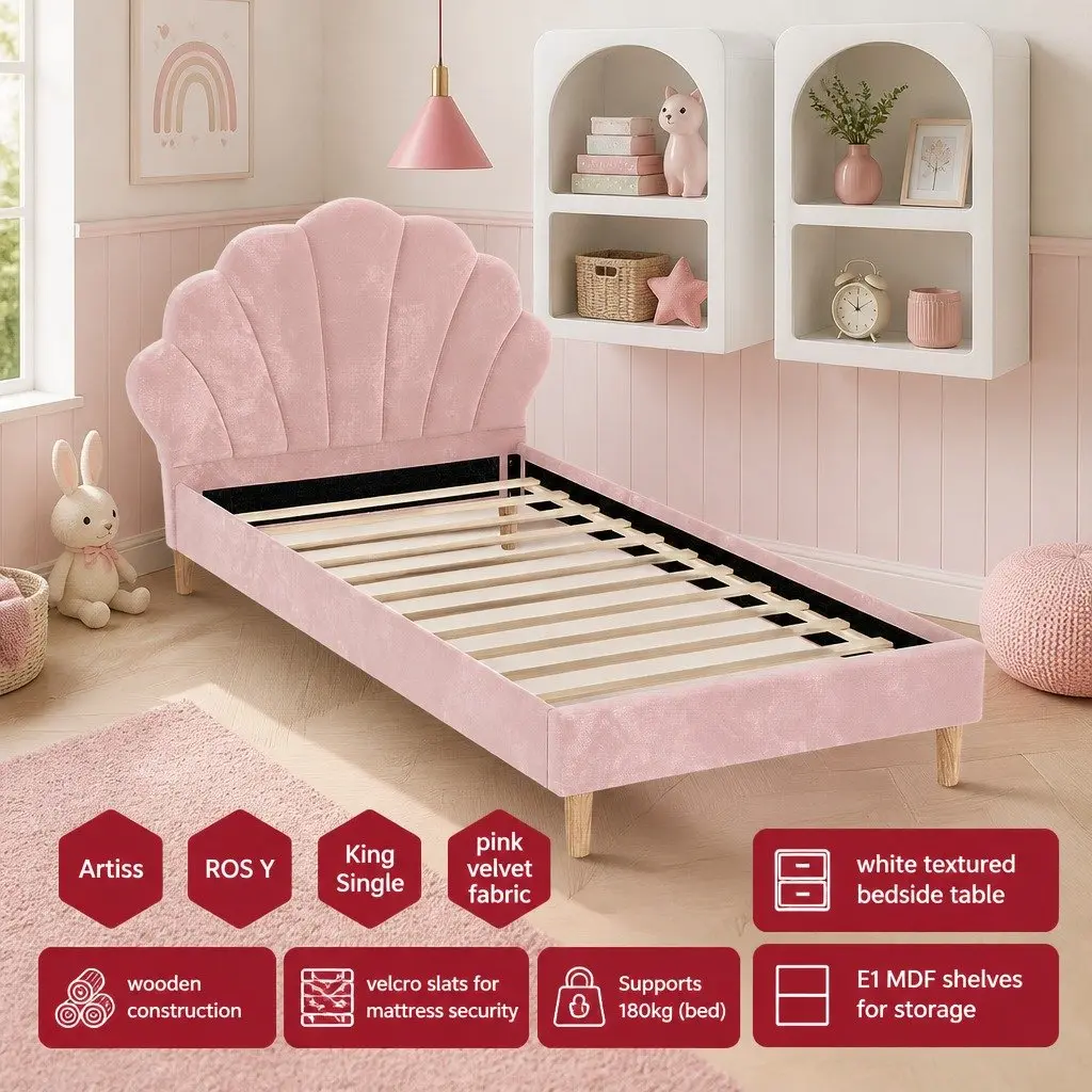 King Single Bed Frame Pink Velvet Scallop Headboard with 2 White Nightstands