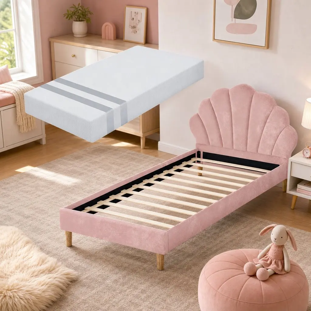 King Single Bed Frame with Pink Velvet Upholstery