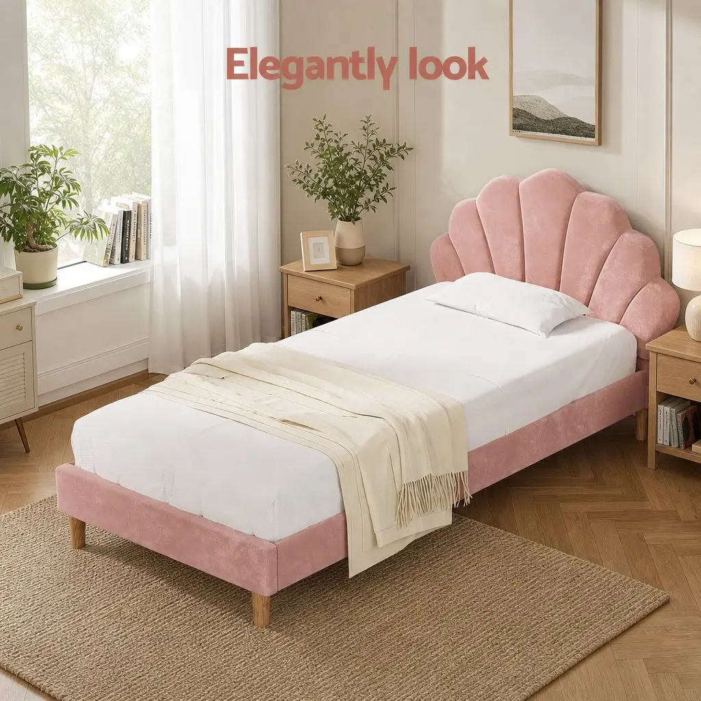 King Single Bed Frame with Pink Velvet Upholstery