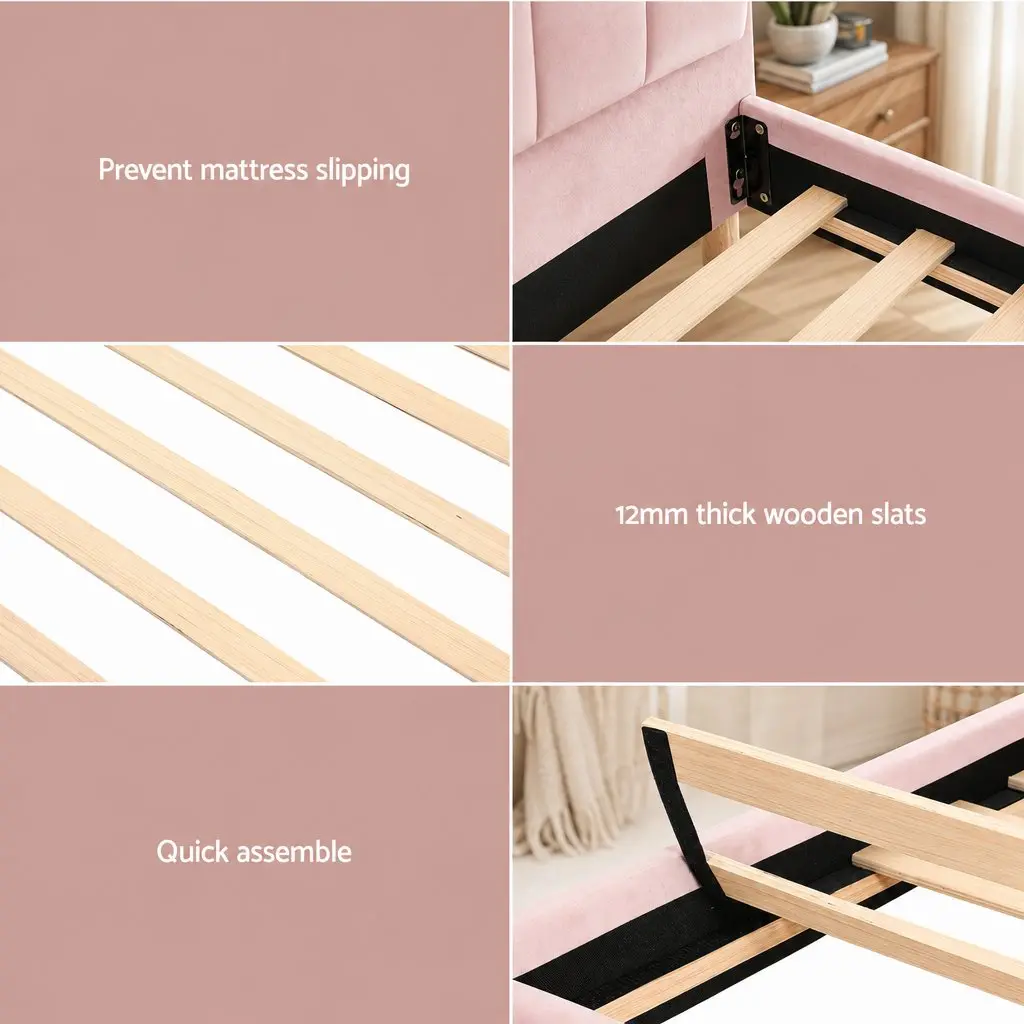 King Single Bed Frame with Pink Velvet Upholstery