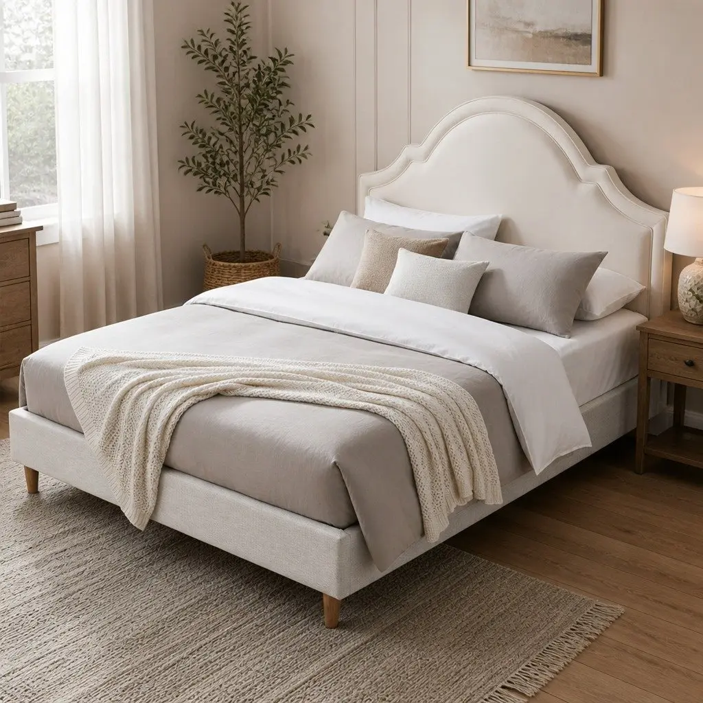 Queen Bed Frame Storage Velvet Scalloped Headboard Wooden Slat Platform Beige