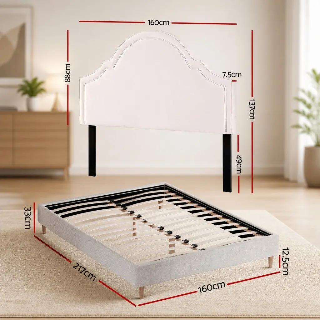 Queen Bed Frame Storage Velvet Scalloped Headboard Wooden Slat Platform Beige