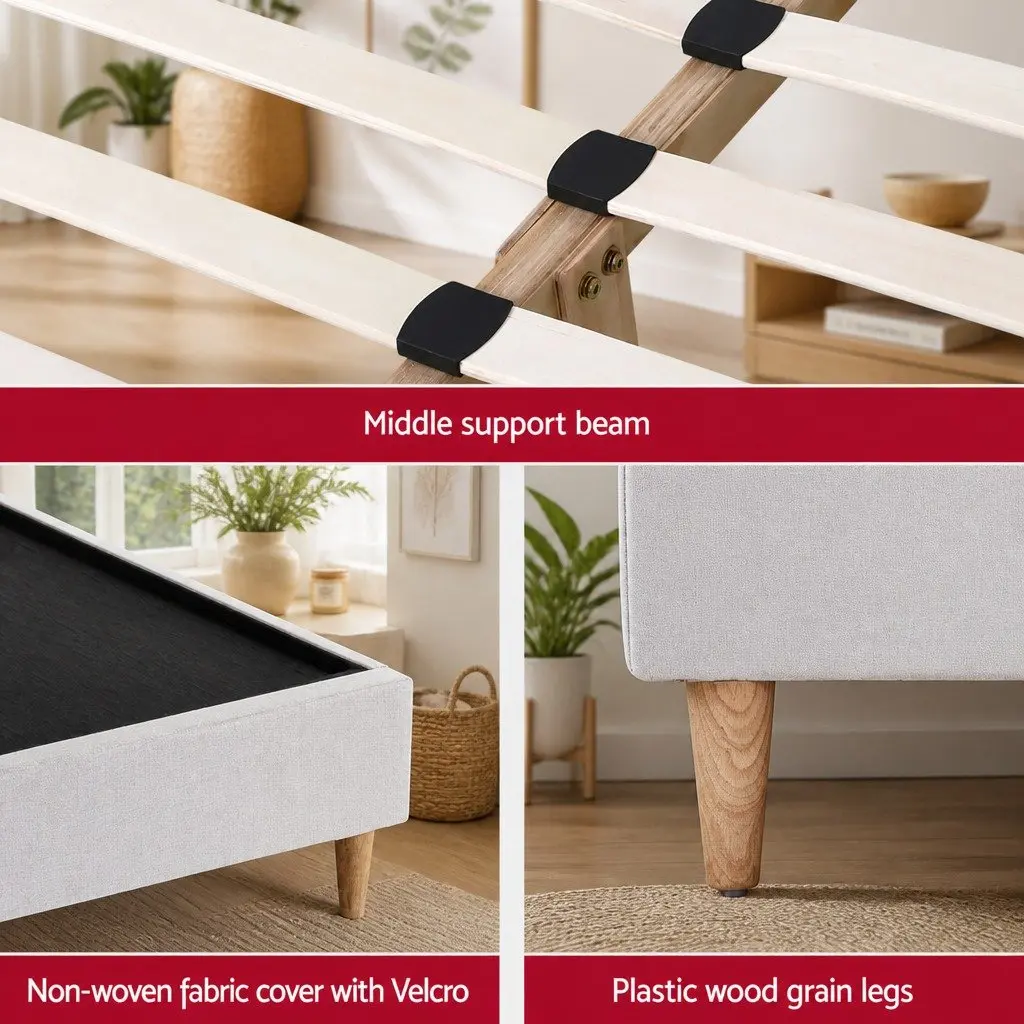 Queen Bed Frame Storage Velvet Scalloped Headboard Wooden Slat Platform Beige