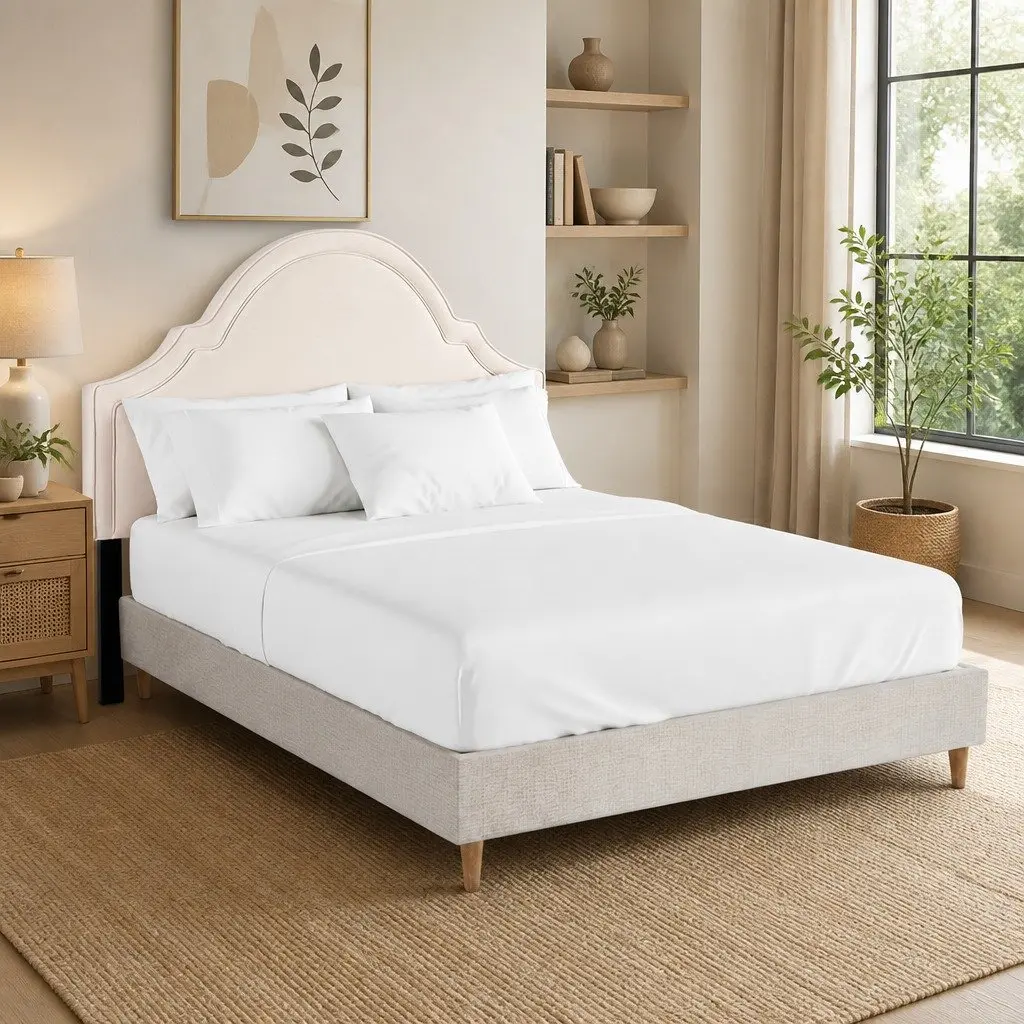 Queen Bed Frame Storage Velvet Scalloped Headboard Wooden Slat Platform Beige