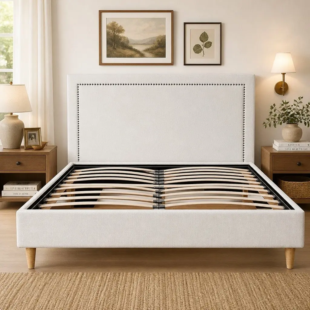 Queen Bed Frame Platform Base Upholstered Headboard Linen Fabric Beige