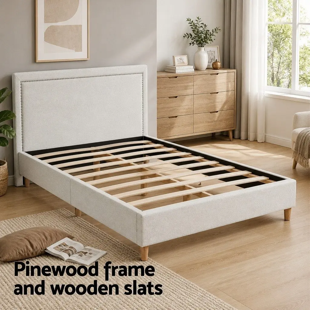 Queen Bed Frame Platform Base Upholstered Headboard Linen Fabric Beige