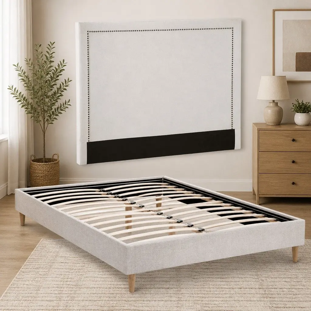 Queen Bed Frame Platform Base Upholstered Headboard Linen Fabric Beige
