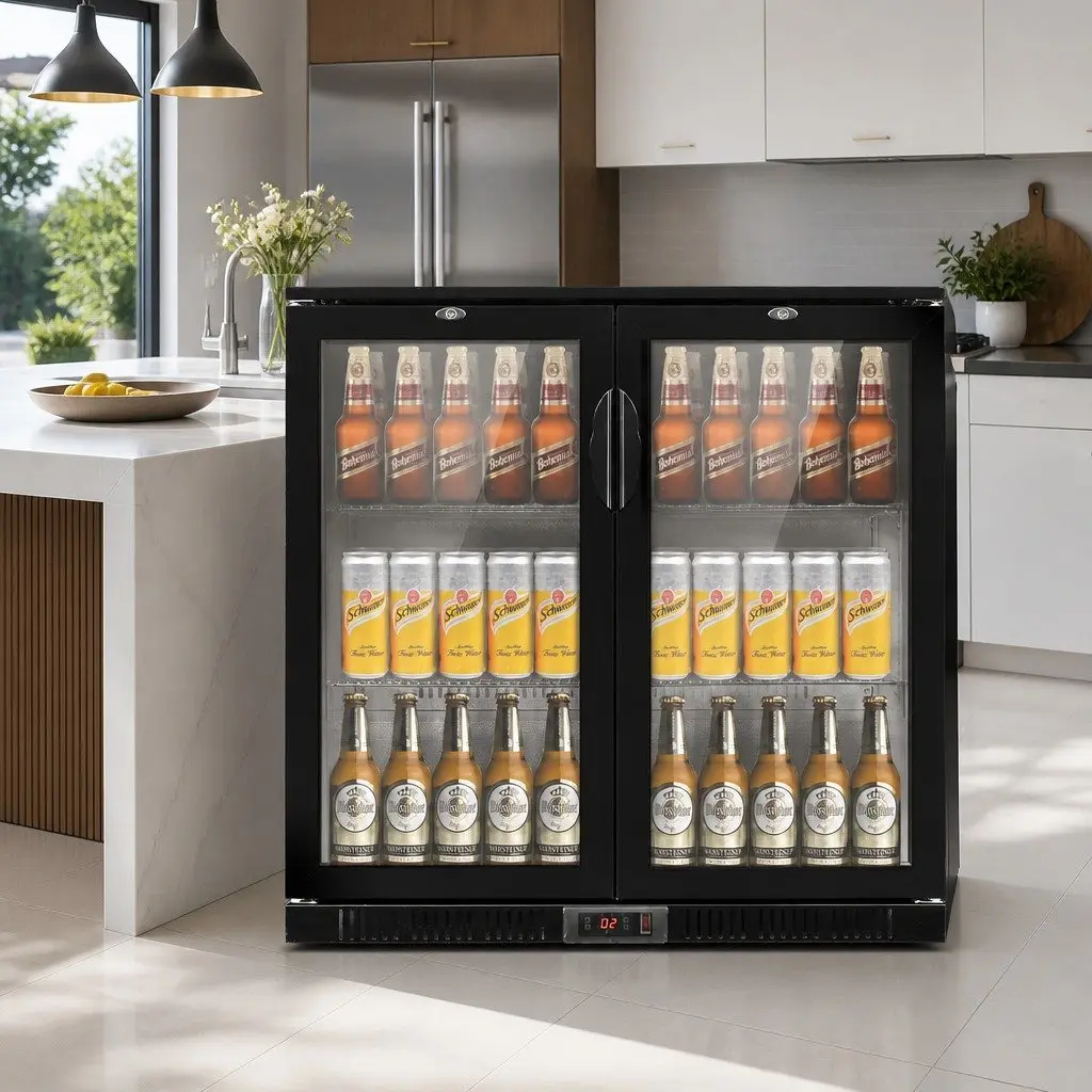 Bar Fridge 198L Commercial Beverage Cooler Dual Glass Door Black