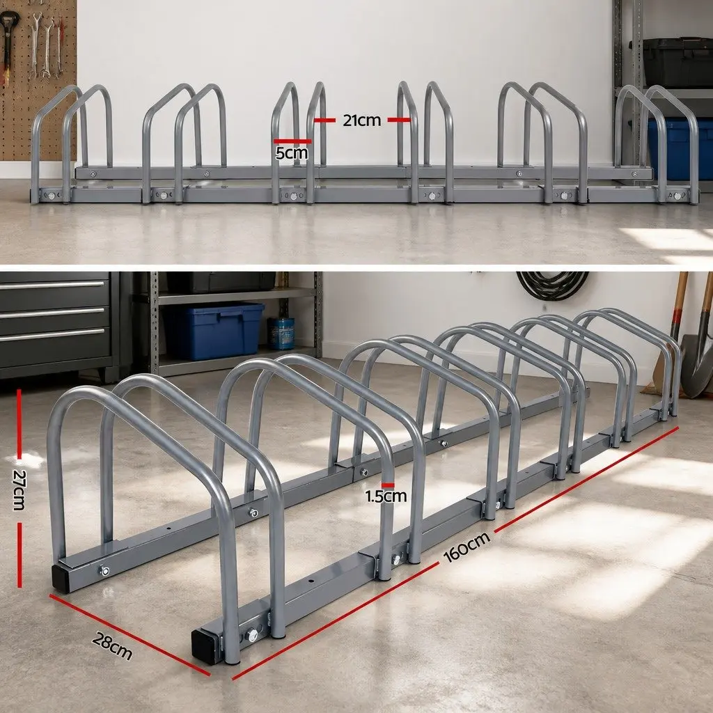 6 Bike Parking Stand Freestanding Storage Holder Silver Steel