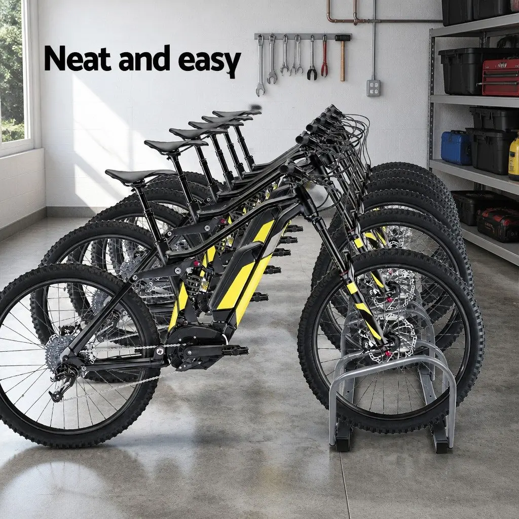 6 Bike Parking Stand Freestanding Storage Holder Silver Steel