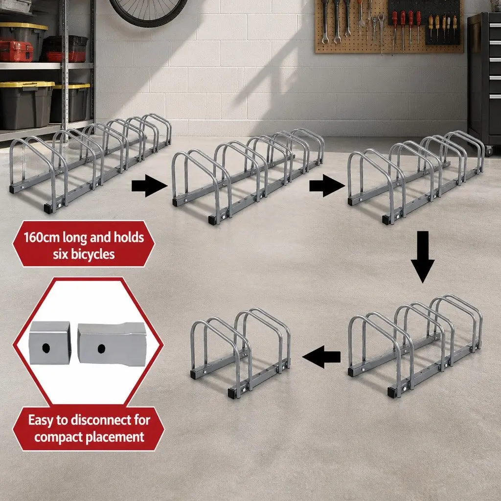 6 Bike Parking Stand Freestanding Storage Holder Silver Steel