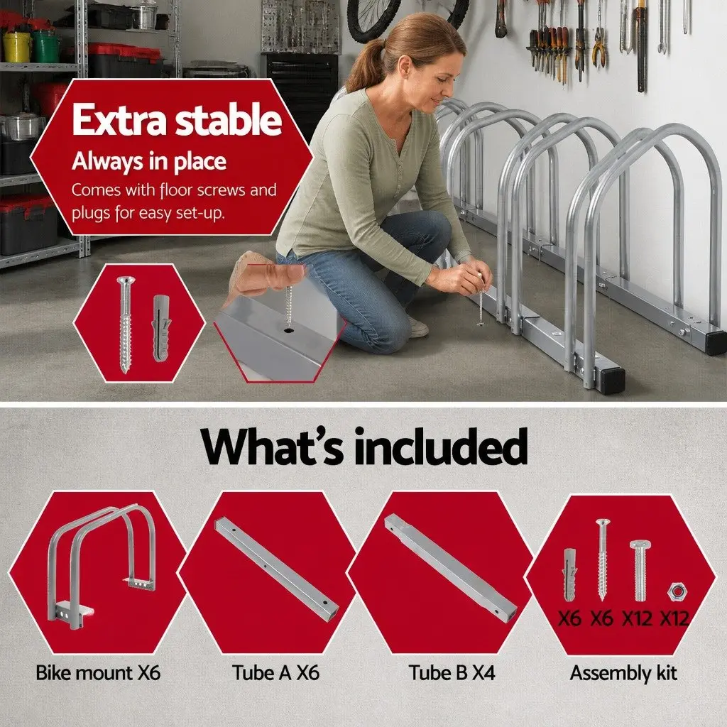 6 Bike Parking Stand Freestanding Storage Holder Silver Steel