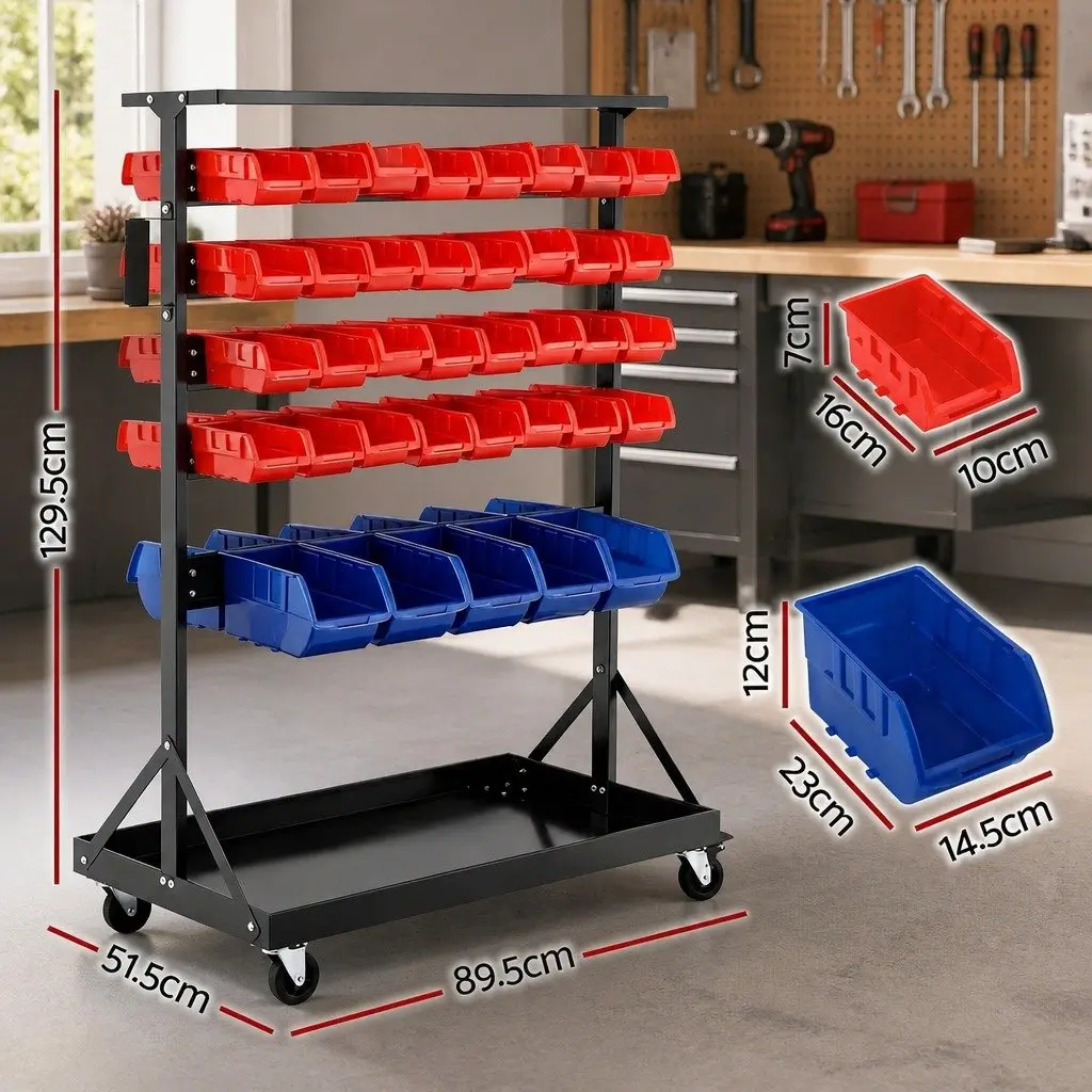 74 Bin Storage Rack Double Sided Mobile Workshop Garage Organizer 5 Tier Steel