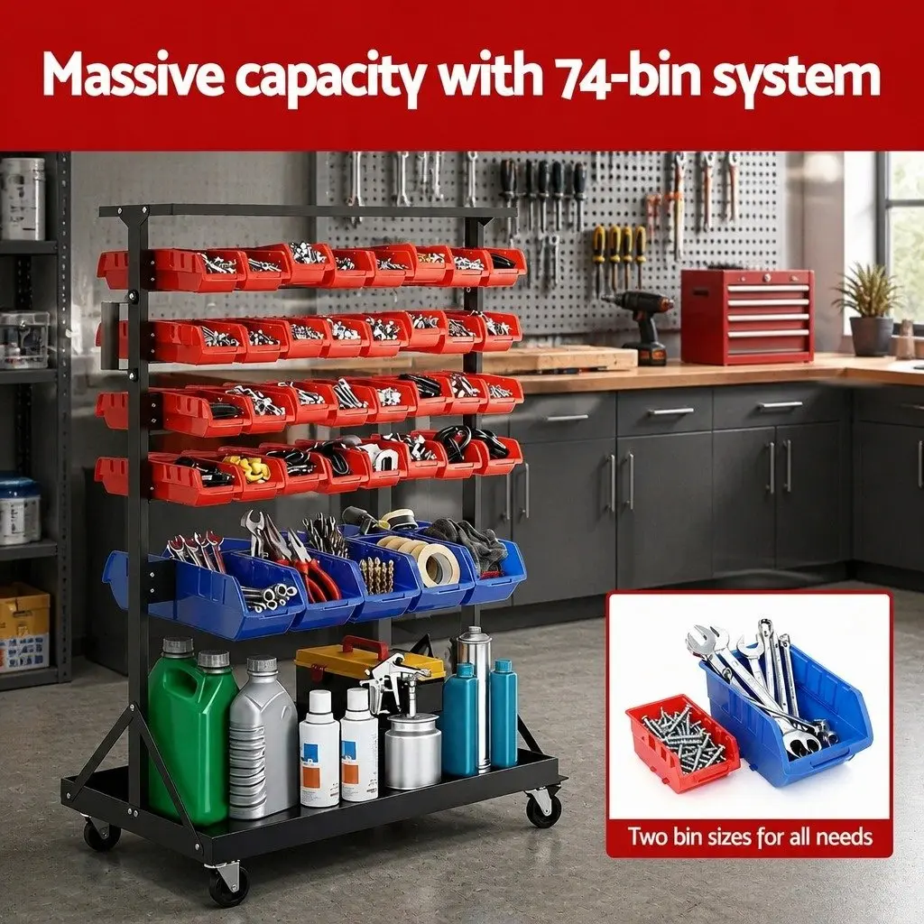 74 Bin Storage Rack Double Sided Mobile Workshop Garage Organizer 5 Tier Steel