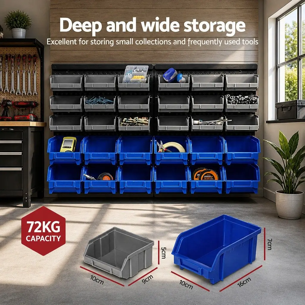 60 Bin Wall Storage Rack Organiser Garage Tool Holder Pegboard Detachable Bins Blue Grey