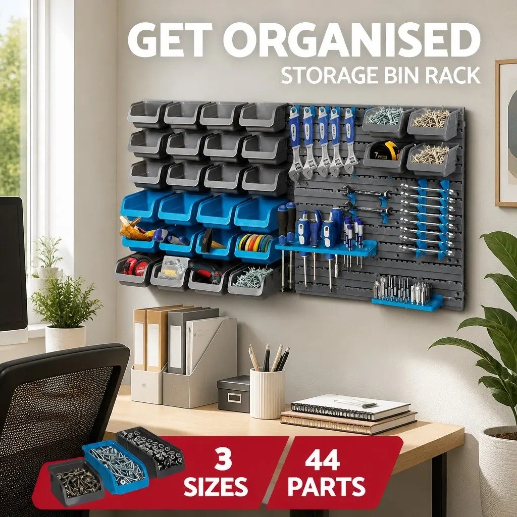44 Piece Wall Mounted Storage Bin Rack Tool Organizer Detachable Bins Blue or Grey