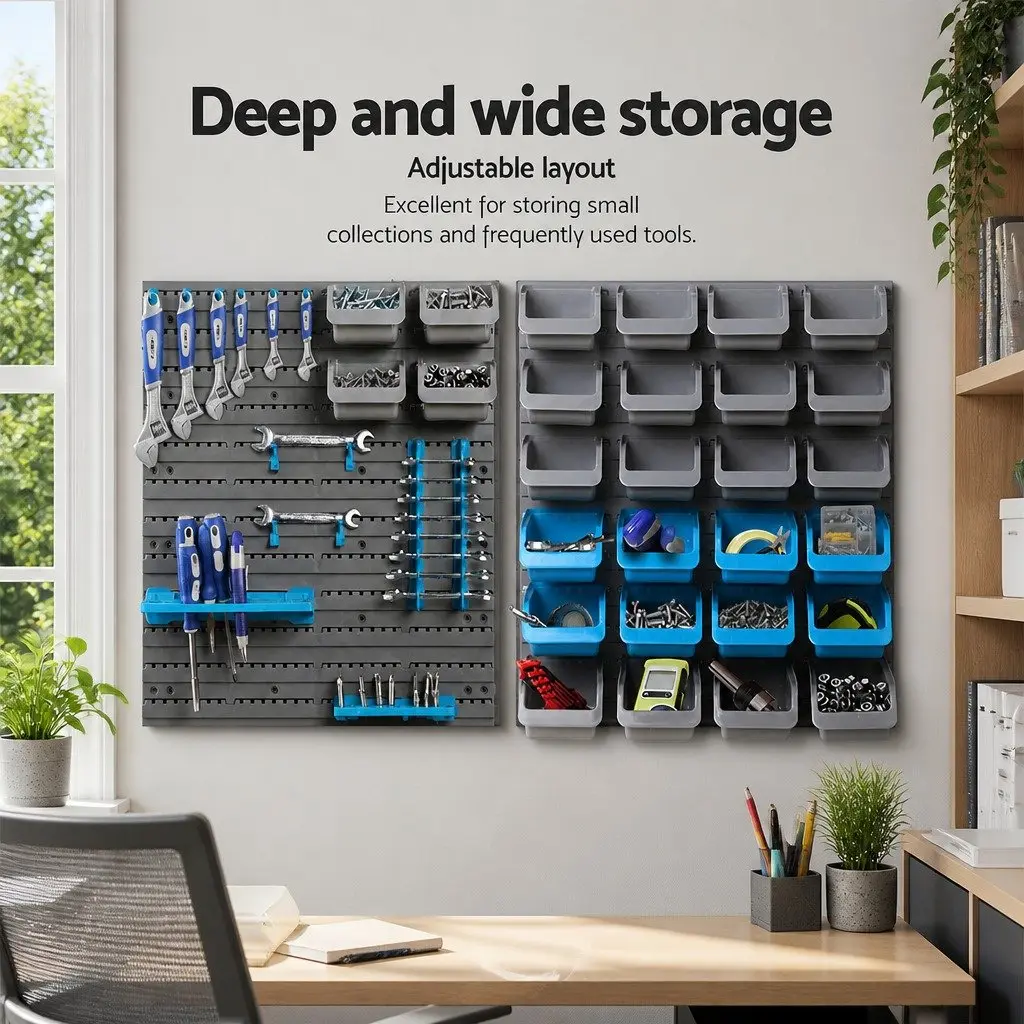 44 Piece Wall Mounted Storage Bin Rack Tool Organizer Detachable Bins Blue or Grey
