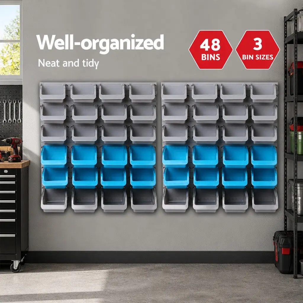 48 Bin Storage Rack Wall Mounted Tool Organizer Garage Steel Pegboard Grey