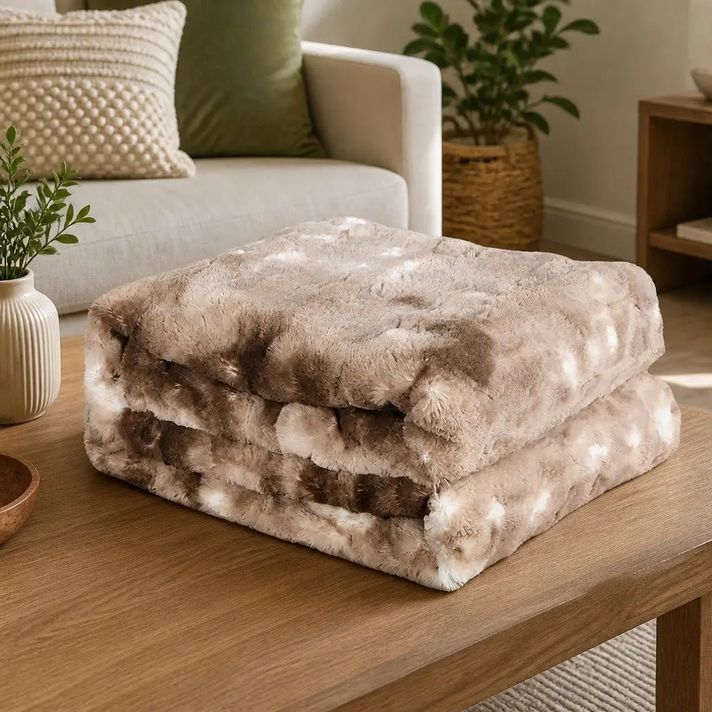Tie-Dyed Faux Fur Blanket Brown Double-Sided Cozy Throw Indoor Outdoor Home