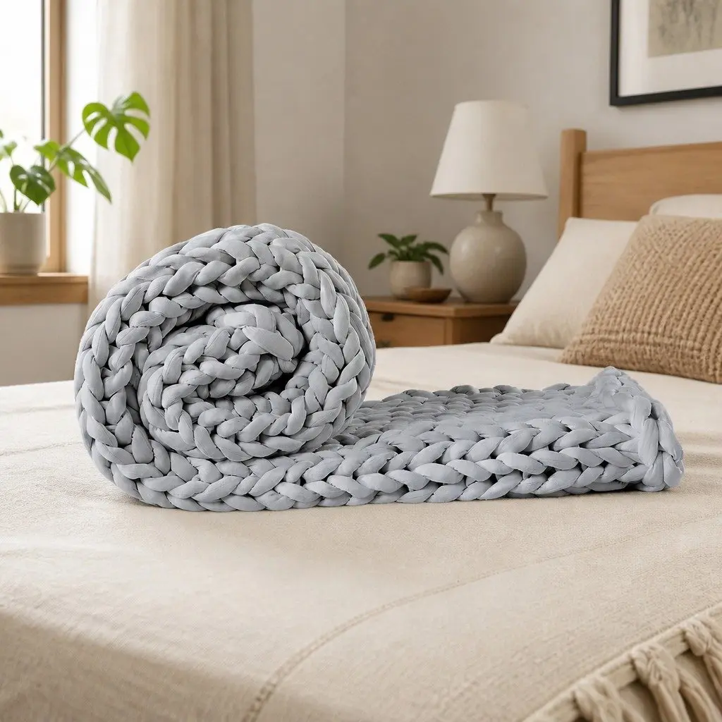 Weighted Knitted Blanket Anxiety Stress Relief Chunky Grey Kids Adults