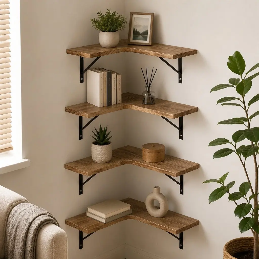 Floating Corner Shelf Wall Mounted Storage Display Unit Four Tier Wooden