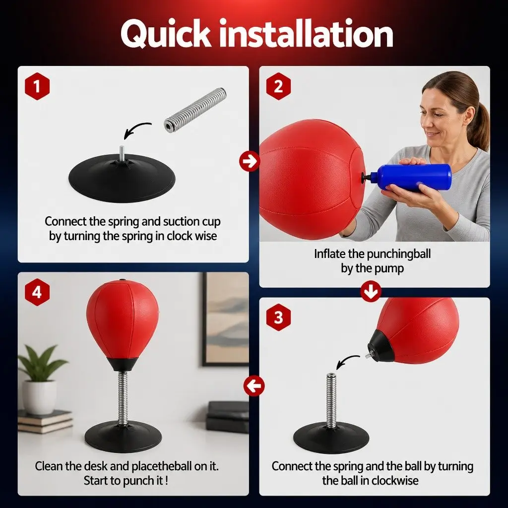 Desktop Punching Bag Stand with Speed Ball Swivel Pump Red Home Office Fitness