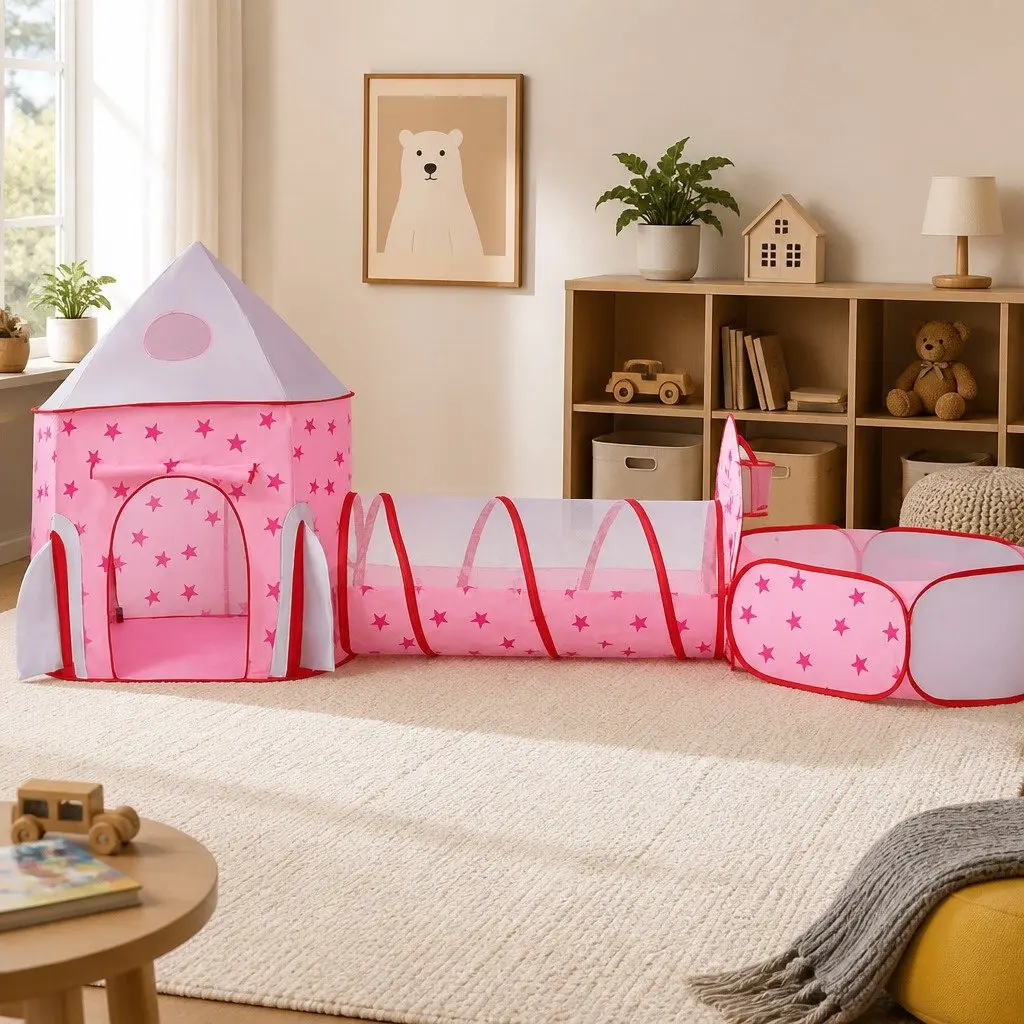 Kids Play Tent 3-in-1 Playhouse Crawl Tunnel Basketball Hoop Ball Pit Pink