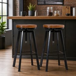 Bar Stools Industrial Kitchen Dining Adjustable Height Swivel Seat Wooden Metal