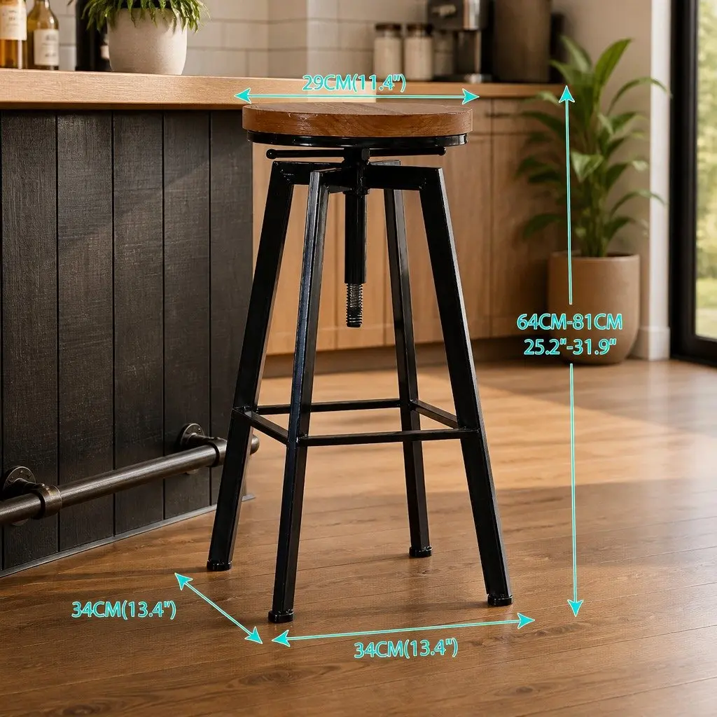 Bar Stools Industrial Kitchen Dining Adjustable Height Swivel Seat Wooden Metal 2 Piece