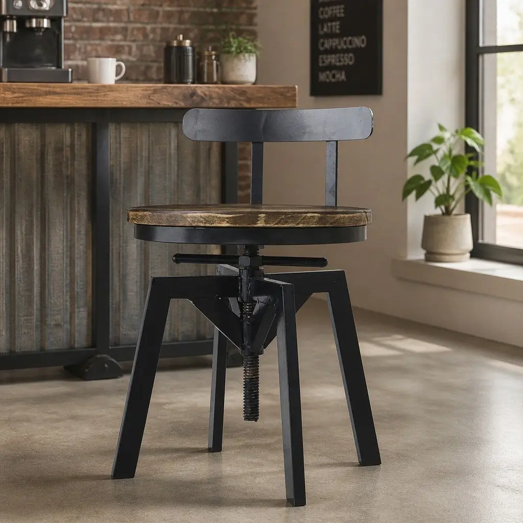 Industrial Bar Stool Adjustable Height 360 Swivel Metal Frame Kitchen Counter