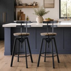 Bar Stool Industrial Adjustable Height Swivel Kitchen Counter Seat Wooden Frame