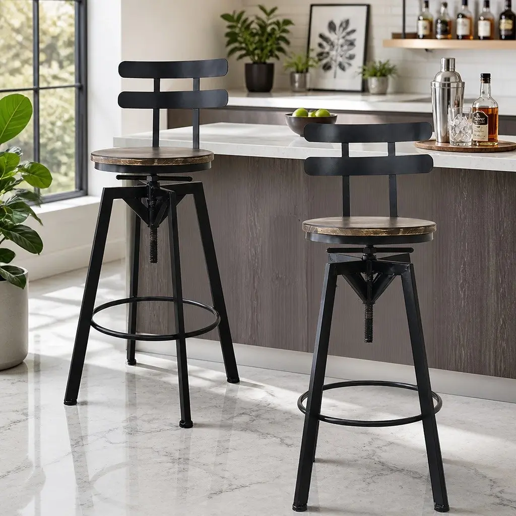 Bar Stool Industrial Adjustable Height Swivel Kitchen Counter Seat Wooden Frame