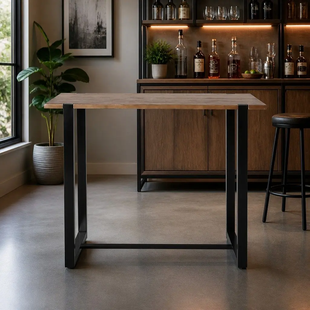 High Bar Table Industrial Pub Solid Pine Wood Tabletop Steel Frame Standing Desk