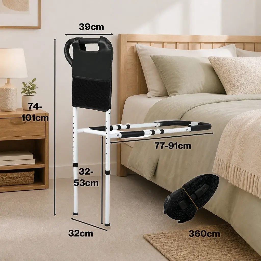 Bed Rail Safety Grab Handle Adjustable Height Mobility Support for Elderly Adults 74 to 101 cm White and Black