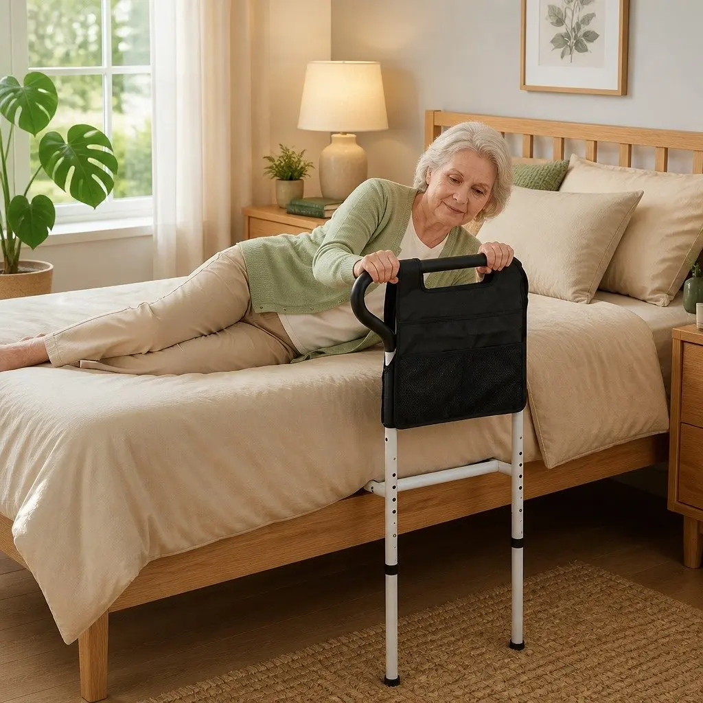Bed Rail Safety Grab Handle Adjustable Height Mobility Support for Elderly Adults 74 to 101 cm White and Black