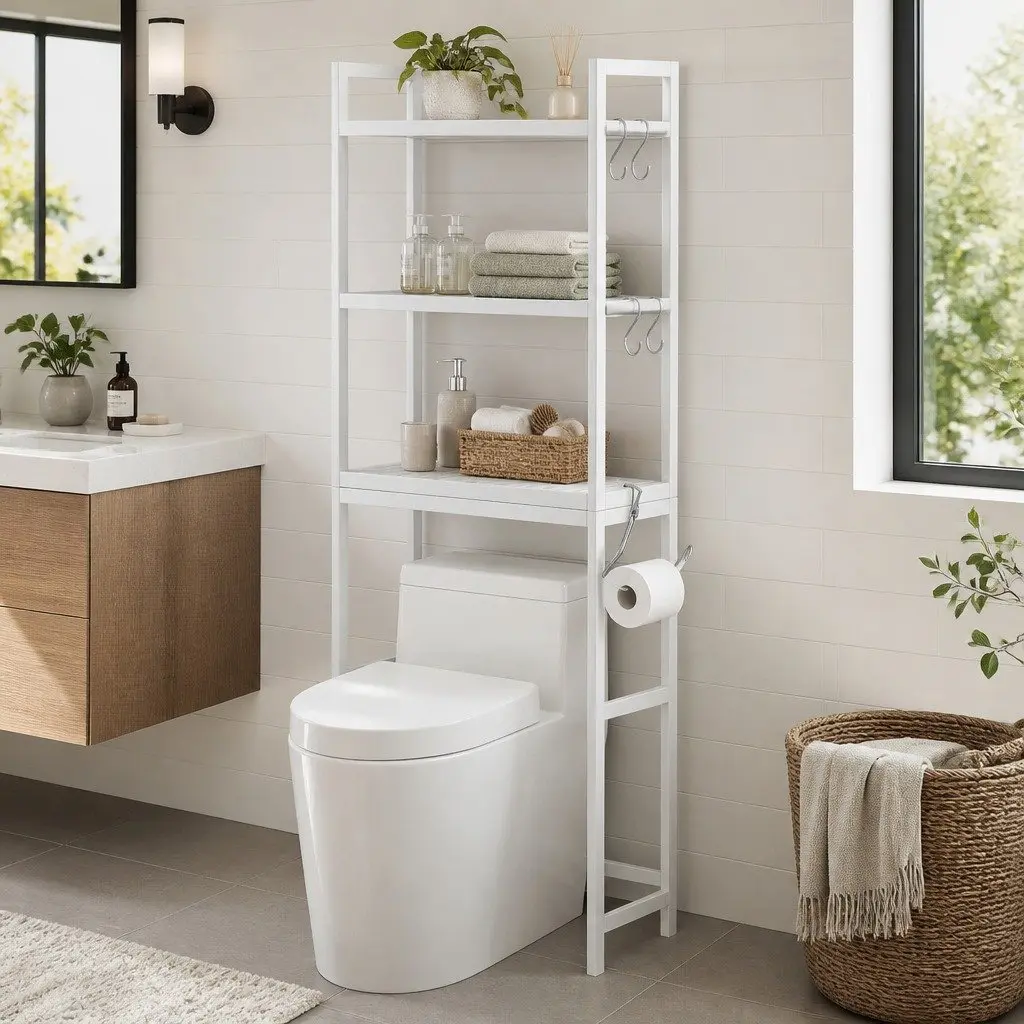 Over Toilet Storage Rack Bathroom Organiser 3 Tier Space Saving Shelf White