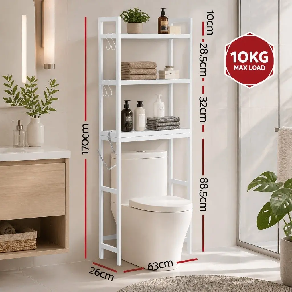 Over Toilet Storage Rack Bathroom Organiser 3 Tier Space Saving Shelf White