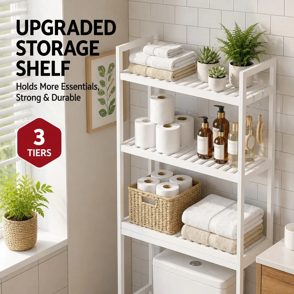 Over Toilet Storage Rack Bathroom Organiser 3 Tier Space Saving Shelf White